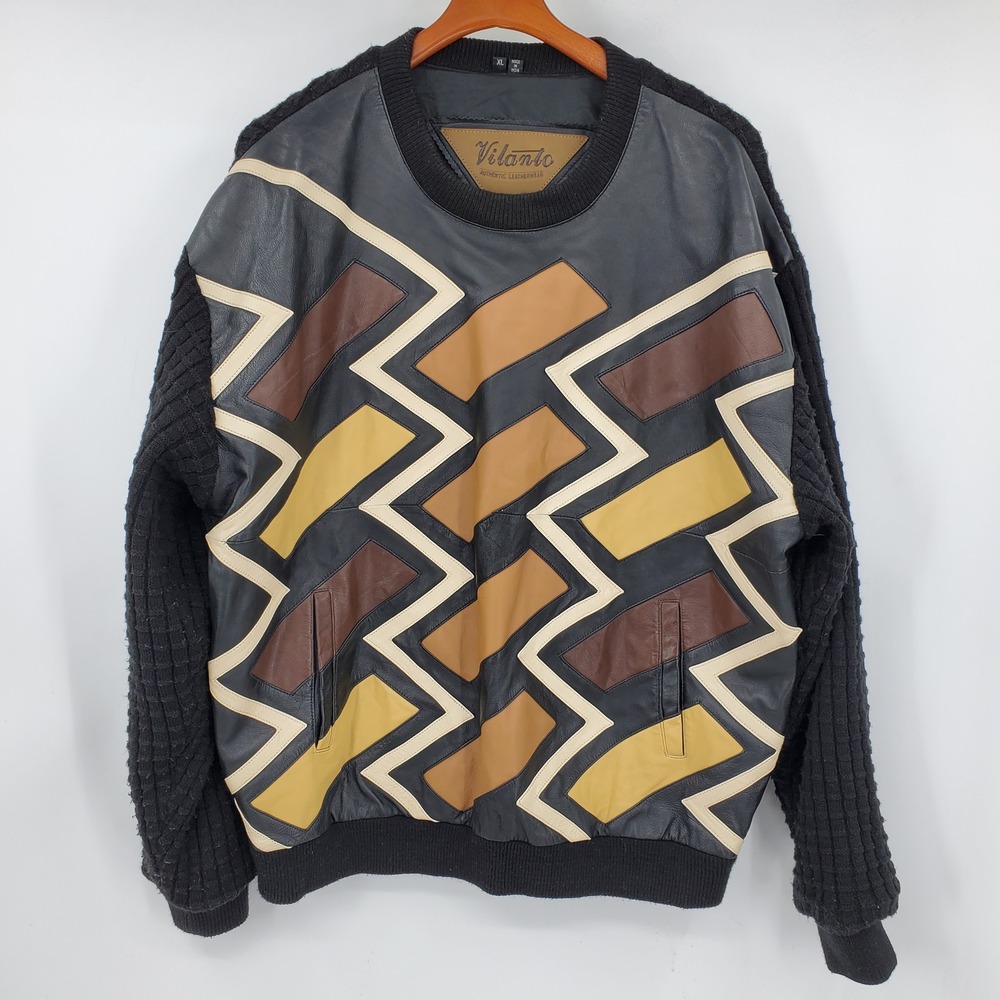 Vilanto Vintage 90s XL Leather Patchwork Waffle Knit Sweater Hip Hop Abstract